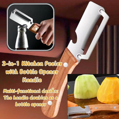 2 PCS Multi-Functional Kitchen Peeler, Vegetable Peeler, Wooden Kitchen Tool, Premium Wooden Handle - Stainless Steel Single Blade & Built-In Bottle Opener, Suitable for Peelable Vegetables & Fruits