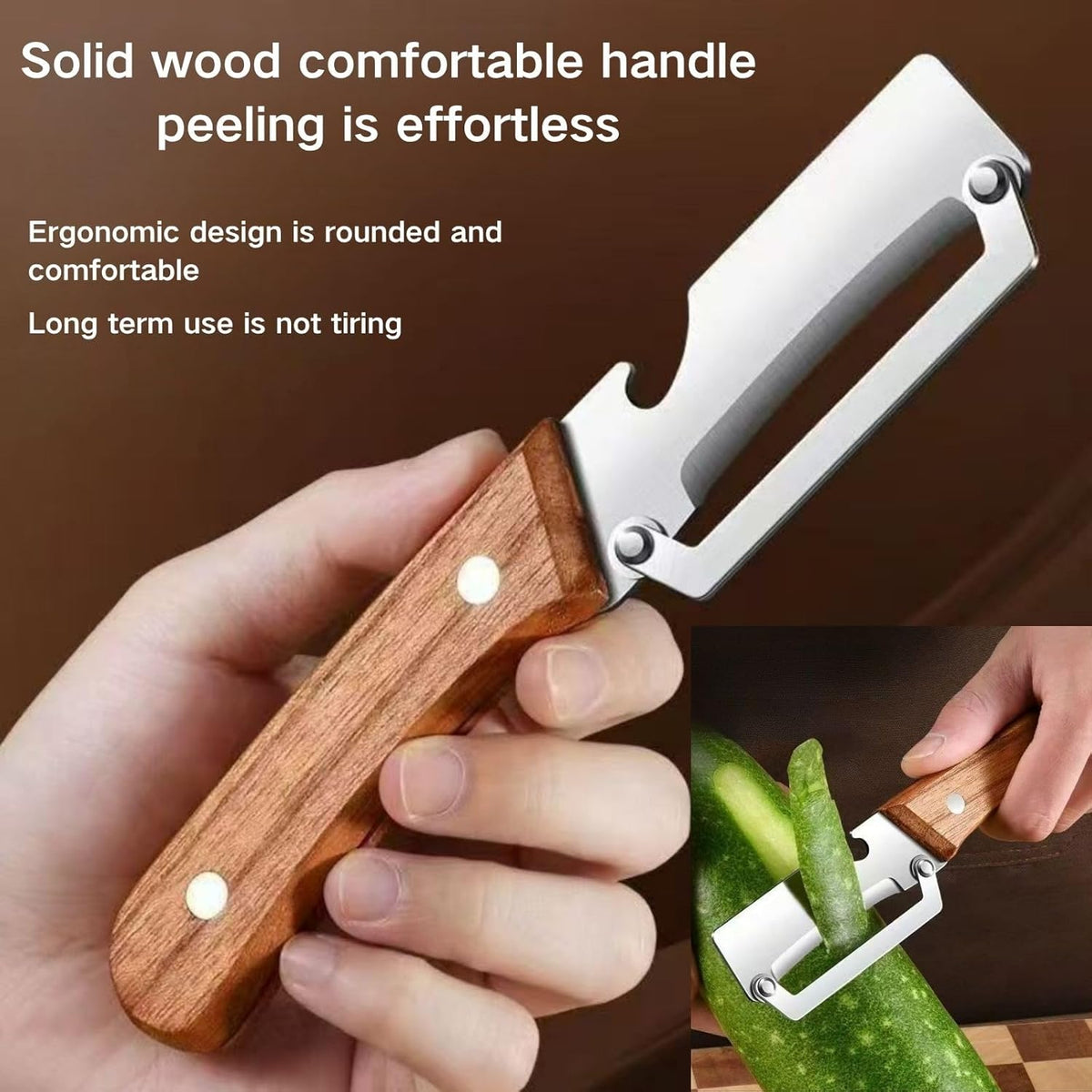 2 PCS Multi-Functional Kitchen Peeler, Vegetable Peeler, Wooden Kitchen Tool, Premium Wooden Handle - Stainless Steel Single Blade & Built-In Bottle Opener, Suitable for Peelable Vegetables & Fruits