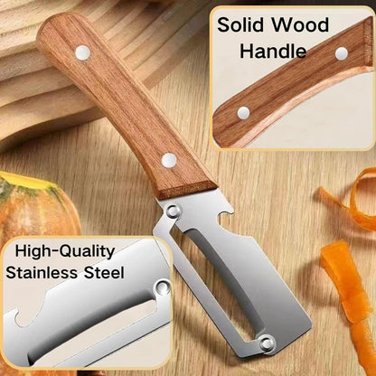 2 PCS Multi-Functional Kitchen Peeler, Vegetable Peeler, Wooden Kitchen Tool, Premium Wooden Handle - Stainless Steel Single Blade & Built-In Bottle Opener, Suitable for Peelable Vegetables & Fruits