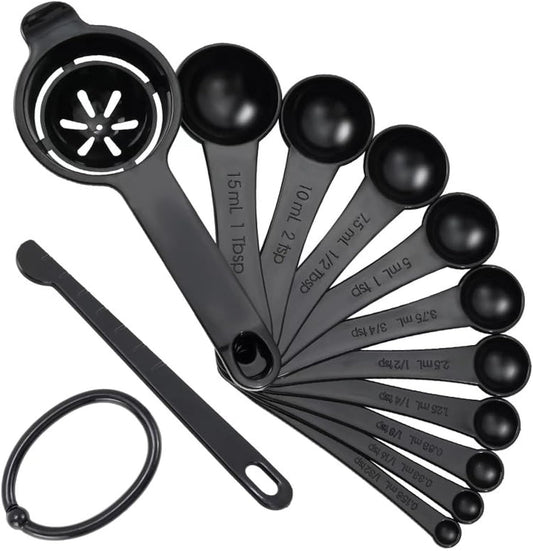 Measuring Spoons, Plastic Measuring Spoons Set with Egg Separator 12-Piece,Black