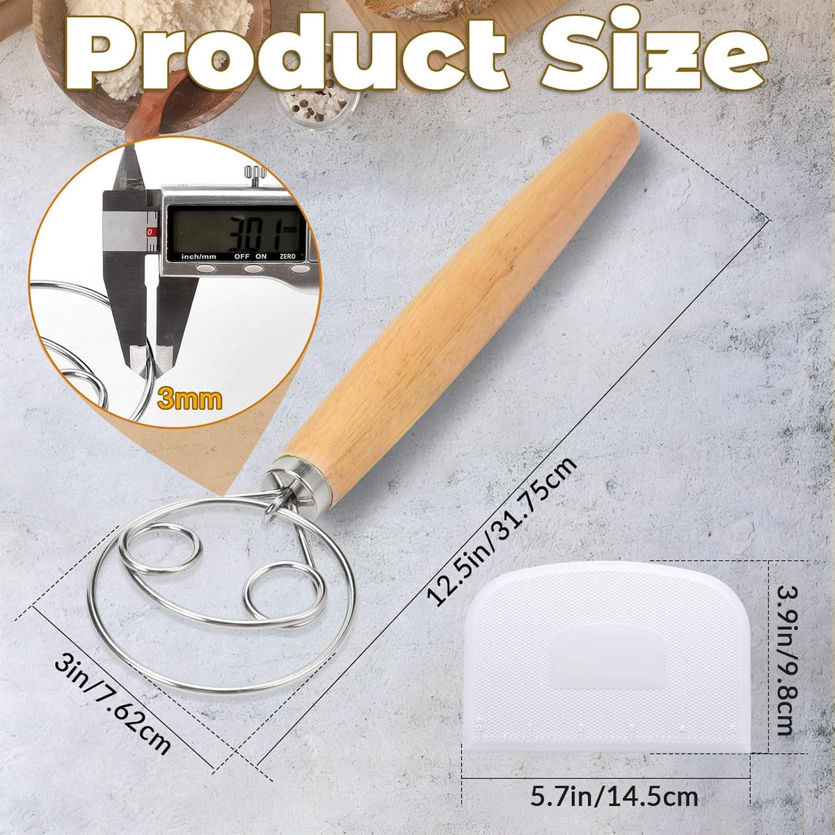 Danish Dough Whisk with Wooden Handle, 12.5 Inch Dutch Style Bread Whisk with Dough Scraper, Stainless Steel Danish Sourdough Whisks for Bread Pastry Pizza Cake Baking