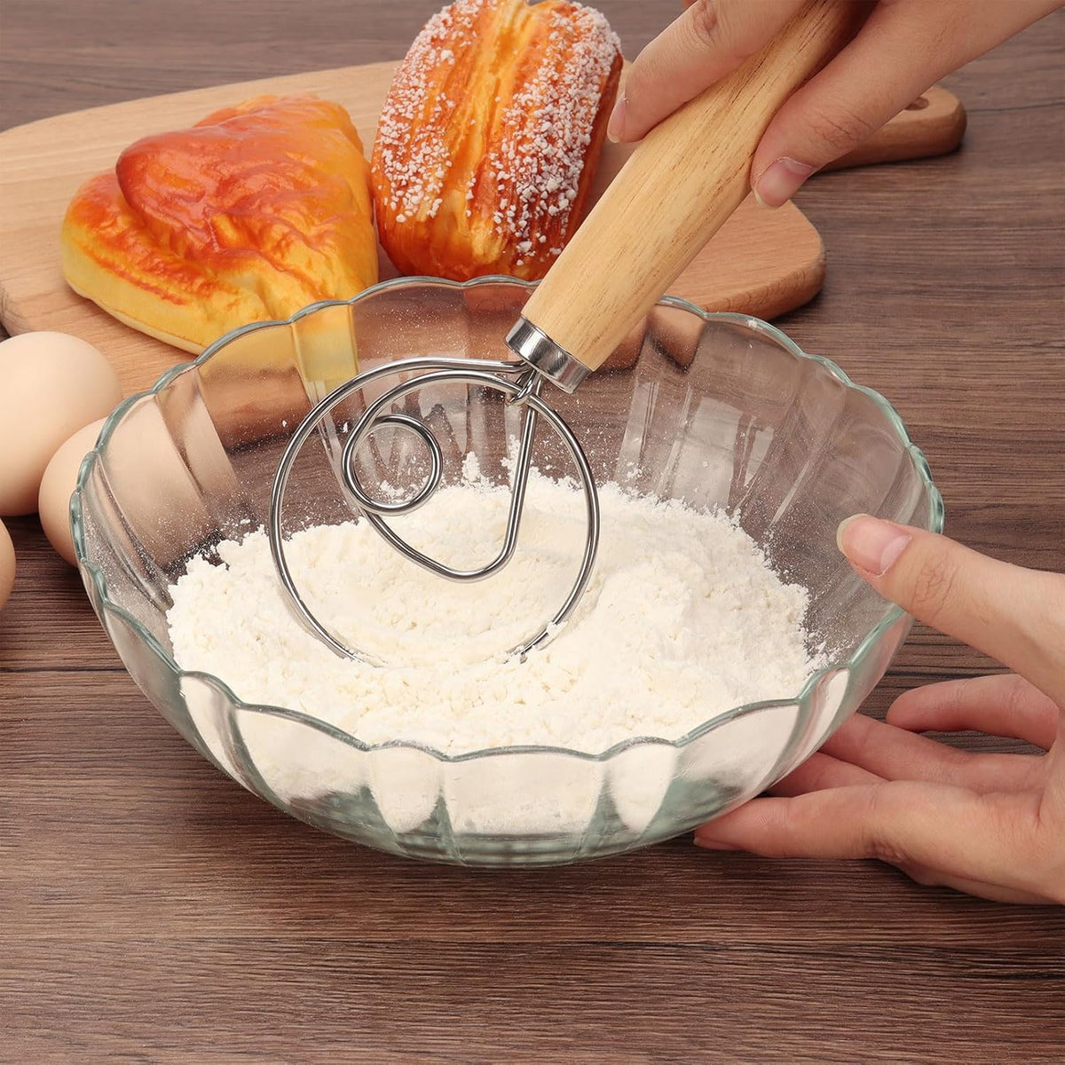 Danish Dough Whisk with Wooden Handle, 12.5 Inch Dutch Style Bread Whisk with Dough Scraper, Stainless Steel Danish Sourdough Whisks for Bread Pastry Pizza Cake Baking