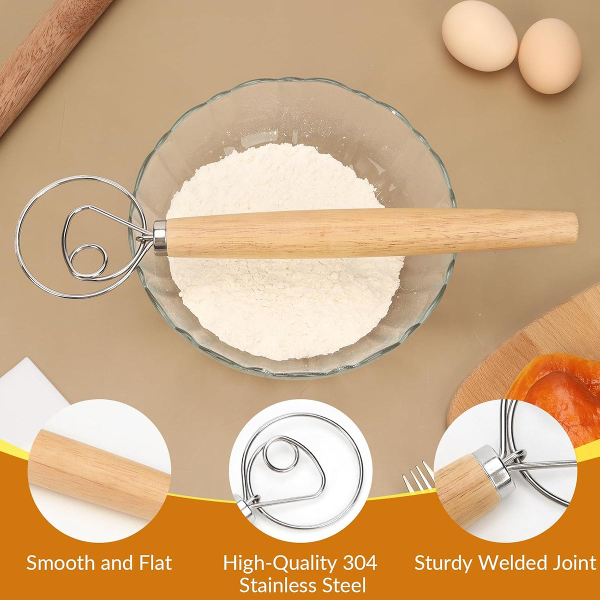 Danish Dough Whisk with Wooden Handle, 12.5 Inch Dutch Style Bread Whisk with Dough Scraper, Stainless Steel Danish Sourdough Whisks for Bread Pastry Pizza Cake Baking