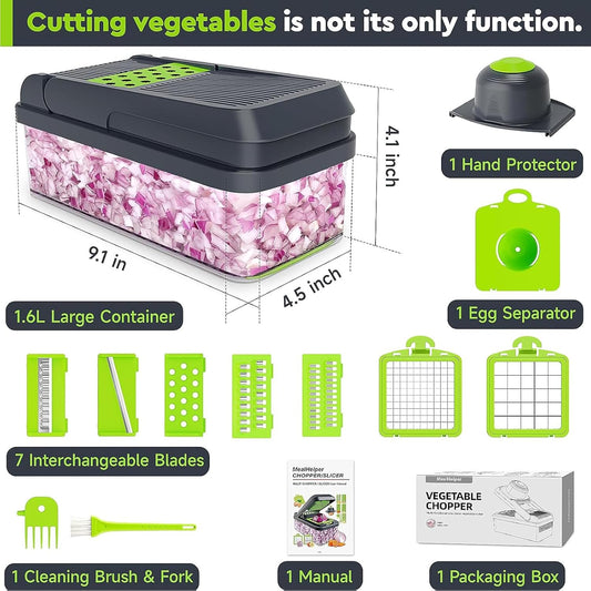 12-in-1 Vegetable Chopper, Food Veggie Chopper With Container | Kitchen Prep Tool, Cheese Grater, Home Essentials & Kitchen Gadgets, with Sharp Stainless Steel Blades(7 Blades, Green)