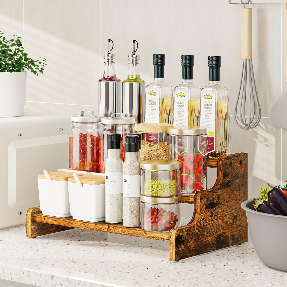 3-Tier Spice Rack, 13.8 Inch Wood Step Shelf Countertop Spice Storage Holder, Kitchen Pantry Cabinet Organizer Cupboard for Spice Bottles, Jars, Seasonings, Baking Supplies,Bathroom Organizer