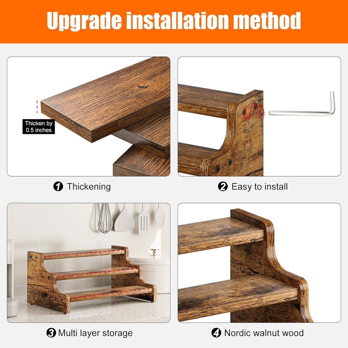 3-Tier Spice Rack, 13.8 Inch Wood Step Shelf Countertop Spice Storage Holder, Kitchen Pantry Cabinet Organizer Cupboard for Spice Bottles, Jars, Seasonings, Baking Supplies,Bathroom Organizer