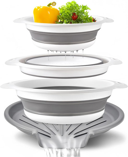 Collapsible Colanders Food Strainers, 3-Pack Foldable Kitchen Strainers with Over-Sink Water Draining Tray, Space Saving Kitchen Drainer for Vegetables, Fruit, Pasta and Rice (White-Gray)