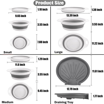 Collapsible Colanders Food Strainers, 3-Pack Foldable Kitchen Strainers with Over-Sink Water Draining Tray, Space Saving Kitchen Drainer for Vegetables, Fruit, Pasta and Rice (White-Gray)
