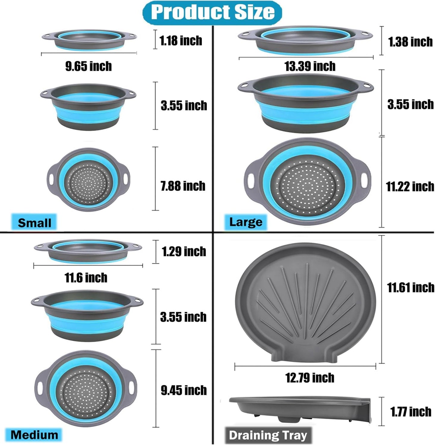 Collapsible Colanders Food Strainers, 3-Pack Foldable Kitchen Strainers with Over-Sink Water Draining Tray, Space Saving Kitchen Drainer for Vegetables, Fruit, Pasta and Rice (White-Gray)