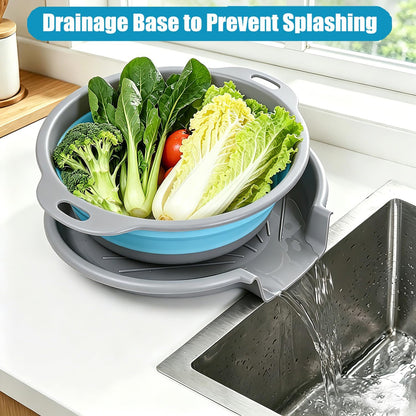 Collapsible Colanders Food Strainers, 3-Pack Foldable Kitchen Strainers with Over-Sink Water Draining Tray, Space Saving Kitchen Drainer for Vegetables, Fruit, Pasta and Rice (White-Gray)