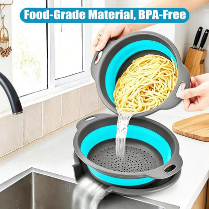 Collapsible Colanders Food Strainers, 3-Pack Foldable Kitchen Strainers with Over-Sink Water Draining Tray, Space Saving Kitchen Drainer for Vegetables, Fruit, Pasta and Rice (White-Gray)