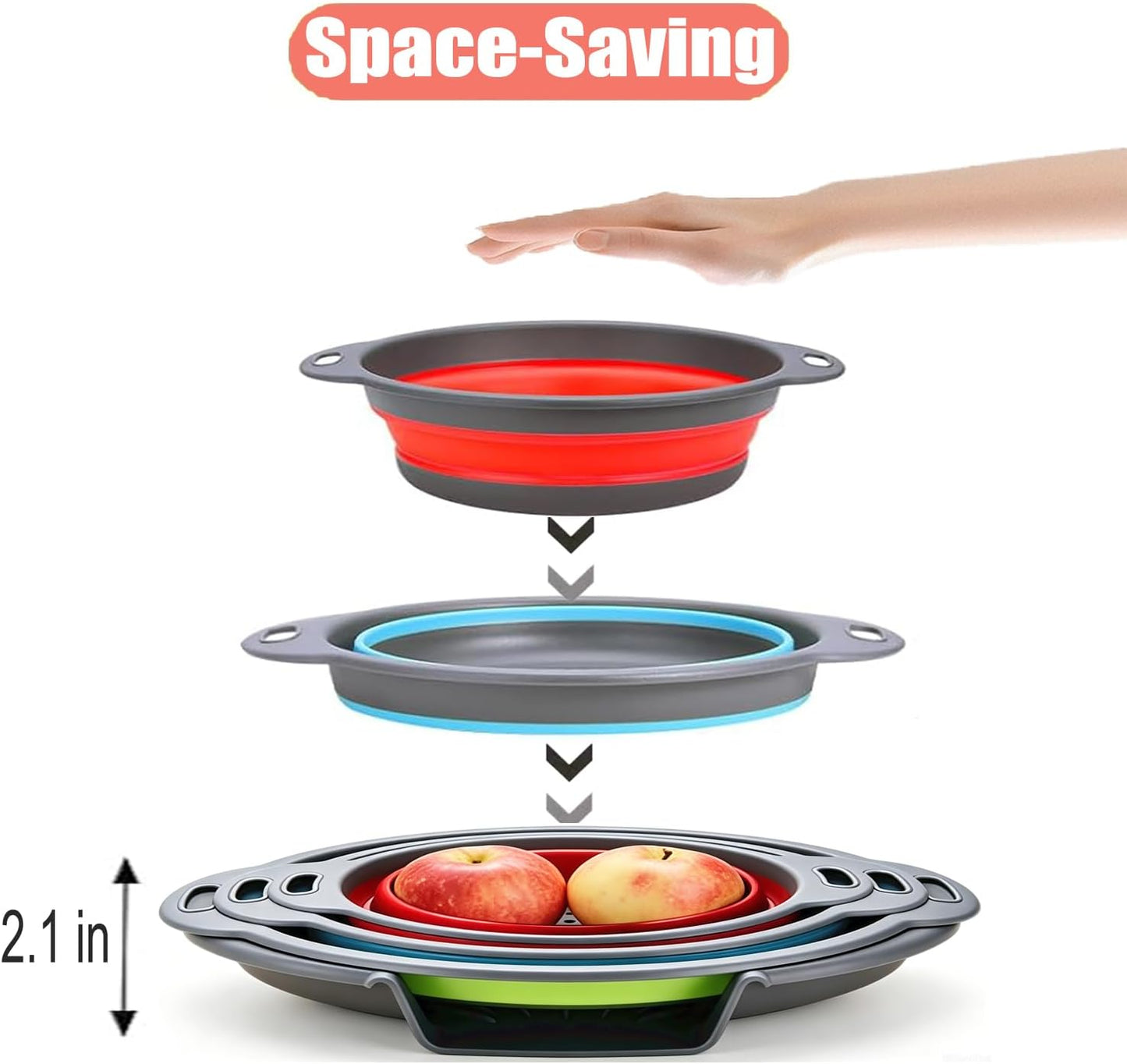 Collapsible Colanders Food Strainers, 3-Pack Foldable Kitchen Strainers with Over-Sink Water Draining Tray, Space Saving Kitchen Drainer for Vegetables, Fruit, Pasta and Rice (White-Gray)