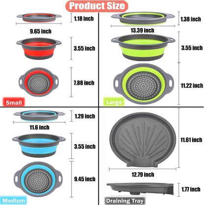 Collapsible Colanders Food Strainers, 3-Pack Foldable Kitchen Strainers with Over-Sink Water Draining Tray, Space Saving Kitchen Drainer for Vegetables, Fruit, Pasta and Rice (White-Gray)