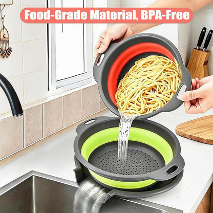 Collapsible Colanders Food Strainers, 3-Pack Foldable Kitchen Strainers with Over-Sink Water Draining Tray, Space Saving Kitchen Drainer for Vegetables, Fruit, Pasta and Rice (White-Gray)