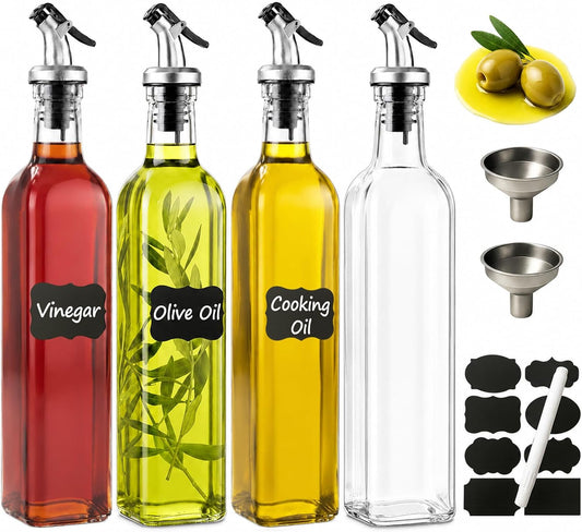 Olive Oil Dispenser Bottle 4Pack, 17oz Oil and Vinegar Dispenser Set, Glass Oil Dispenser for Kitchen with 4 Plastic Pourer, 2 Stainless Steel Funnel, 1 Pen and 8 Label for Kitchen