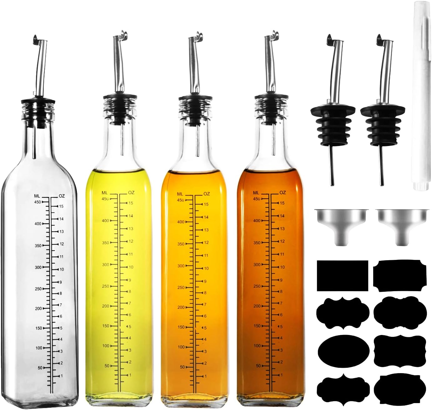 Olive Oil Dispenser Bottle 4Pack, 17oz Oil and Vinegar Dispenser Set, Glass Oil Dispenser for Kitchen with 4 Plastic Pourer, 2 Stainless Steel Funnel, 1 Pen and 8 Label for Kitchen