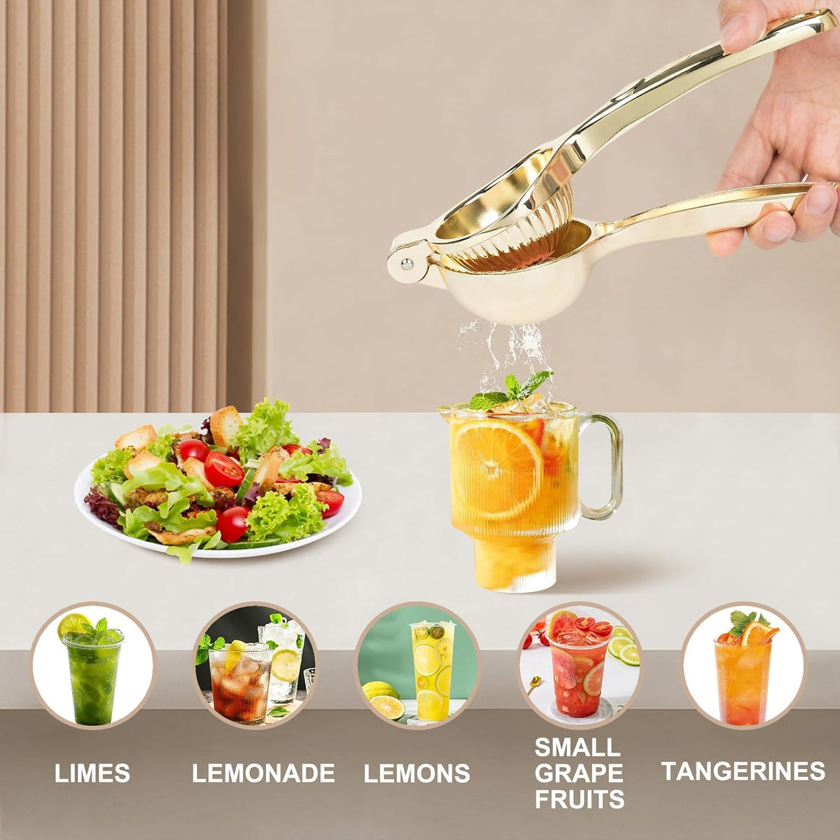 Lemon Squeezer, Heavy Duty Zinc Alloy Manual Citrus Juicer Hand Press,High Yield Threaded Groove Small Oranges Limes Juicer, Juice Maker for Cocktails Home Restaurant Kitchen Utensils(Gold)