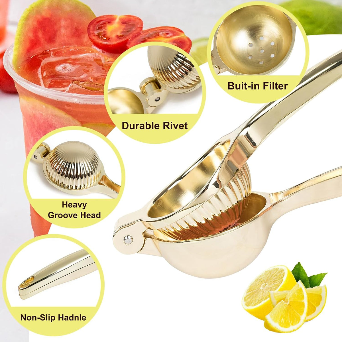 Lemon Squeezer, Heavy Duty Zinc Alloy Manual Citrus Juicer Hand Press,High Yield Threaded Groove Small Oranges Limes Juicer, Juice Maker for Cocktails Home Restaurant Kitchen Utensils(Gold)