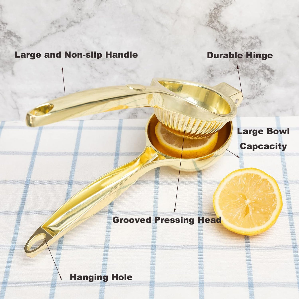 Lemon Squeezer, Heavy Duty Zinc Alloy Manual Citrus Juicer Hand Press,High Yield Threaded Groove Small Oranges Limes Juicer, Juice Maker for Cocktails Home Restaurant Kitchen Utensils(Gold)