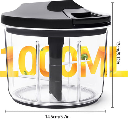 Manual Food Processor Large Vegetable Chopper, 1000ML Pull String Chopper Garlic Mincer Onion Cutter for Veggies,Salad,Fruits, Nuts, BPA Free, Black