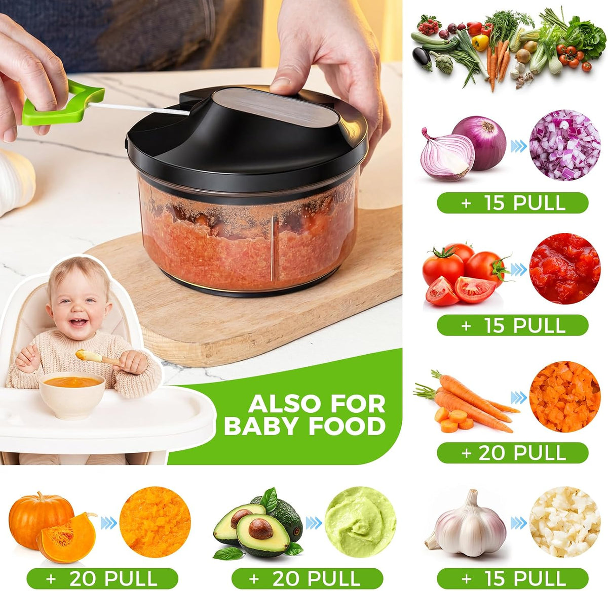 Manual Food Processor Large Vegetable Chopper, 1000ML Pull String Chopper Garlic Mincer Onion Cutter for Veggies,Salad,Fruits, Nuts, BPA Free, Black
