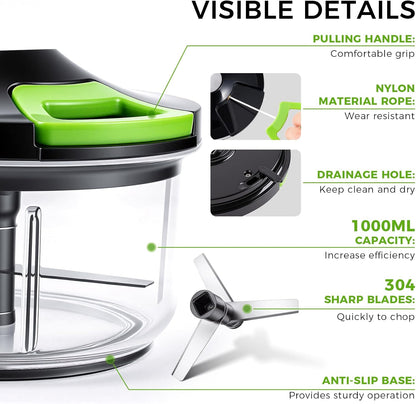 Manual Food Processor Large Vegetable Chopper, 1000ML Pull String Chopper Garlic Mincer Onion Cutter for Veggies,Salad,Fruits, Nuts, BPA Free, Black