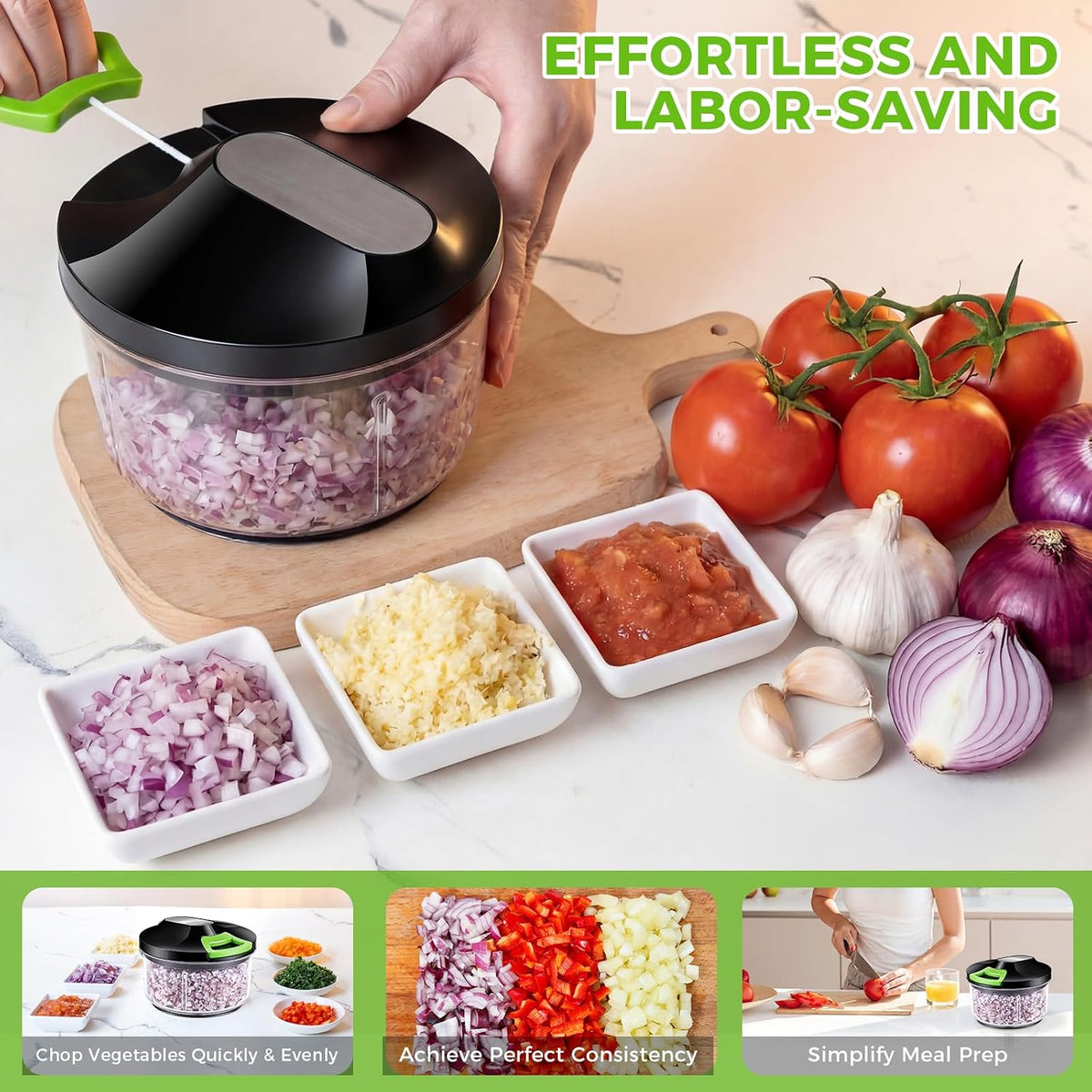 Manual Food Processor Large Vegetable Chopper, 1000ML Pull String Chopper Garlic Mincer Onion Cutter for Veggies,Salad,Fruits, Nuts, BPA Free, Black