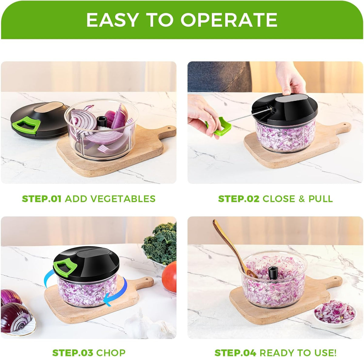 Manual Food Processor Large Vegetable Chopper, 1000ML Pull String Chopper Garlic Mincer Onion Cutter for Veggies,Salad,Fruits, Nuts, BPA Free, Black