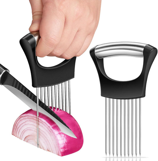 Premium Onion Slicer, Stainless Steel Onion Holder for Slicing, Kiwifruit, Tomatoes, Avocados, Eggs, Lemon, Meat, Potato, Third Generation Onion Cutter with Protective Cover
