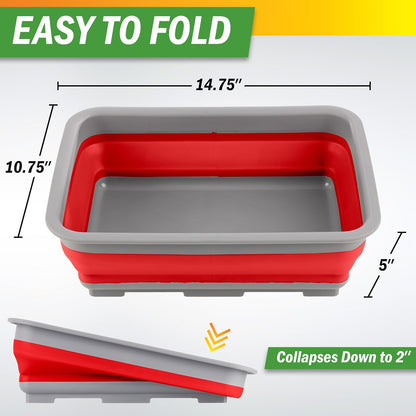 Collapsible Cleaning Caddy - Portable Multi-use Wash Basin, Dish Tub, or Ice Bucket with 7.27L Capacity for Camping and Tailgating (Red)