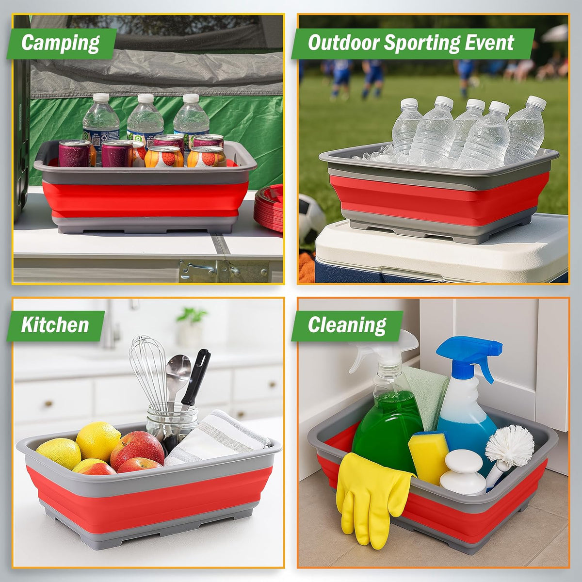Collapsible Cleaning Caddy - Portable Multi-use Wash Basin, Dish Tub, or Ice Bucket with 7.27L Capacity for Camping and Tailgating (Red)