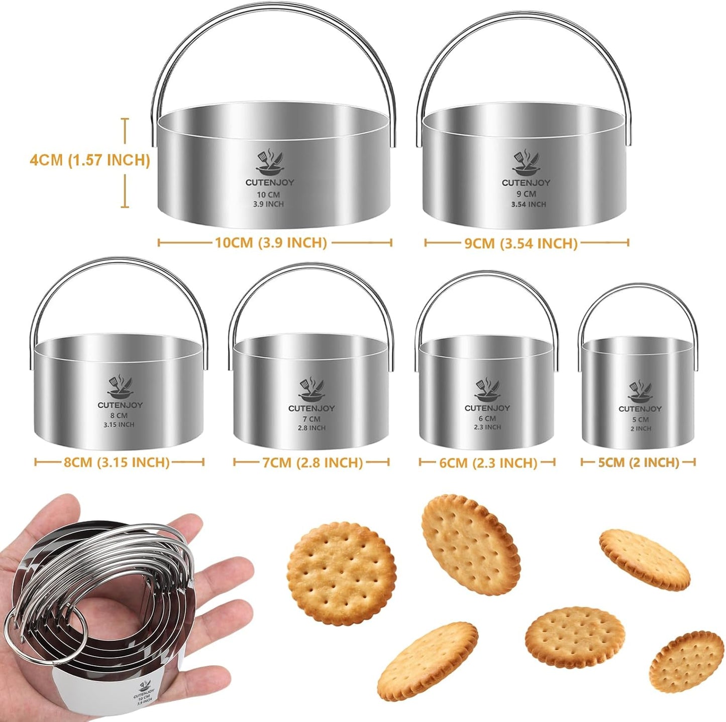 Cookie Cutters (5 Pieces/Set),Round Biscuit Cutter Set with Handle and Big Ring, Professional Baking Dough Cutter Tools for Cakes, Sandwiches, Donuts, Dumplings
