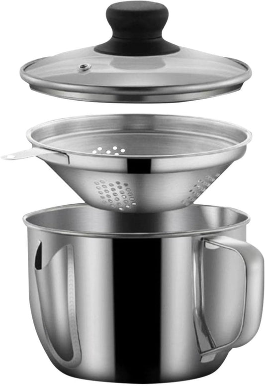 Stainless Steel Fat Separator 1L/4 Cup, Gravy Grease Separator with Strainer and Glass Lid, Soup Oil Separator Cup, Oil Soup Separator with Handle, Oil Filter Pot for Kitchen