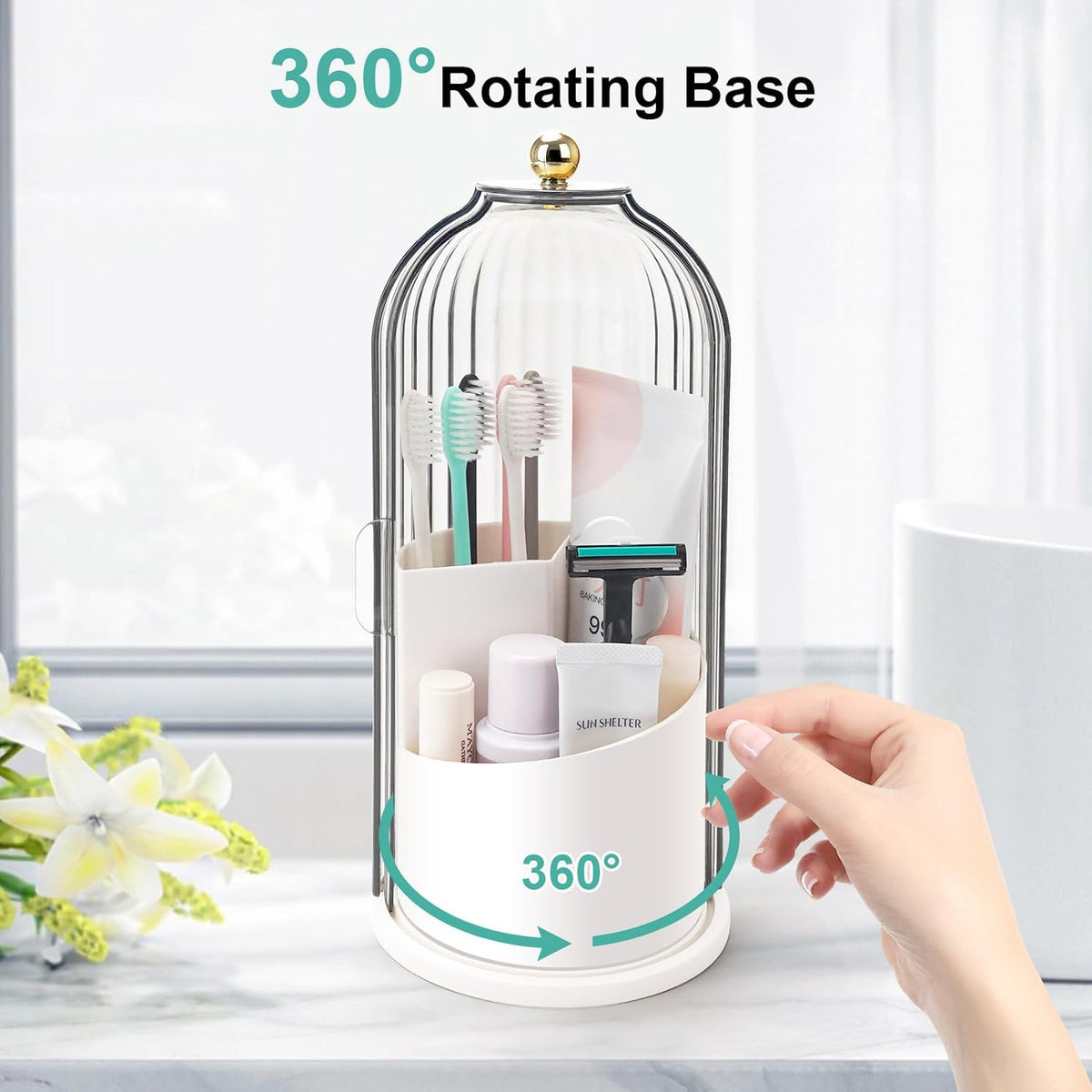 Toothbrush Holders with Sliding Lid, Rotating 3 Slots Bathroom Organizer Countertop, Tooth Brush Toothpaste Holder Bathroom Counter Stand Sink Organizer Caddy for Vanity Makeup Brushes Holder