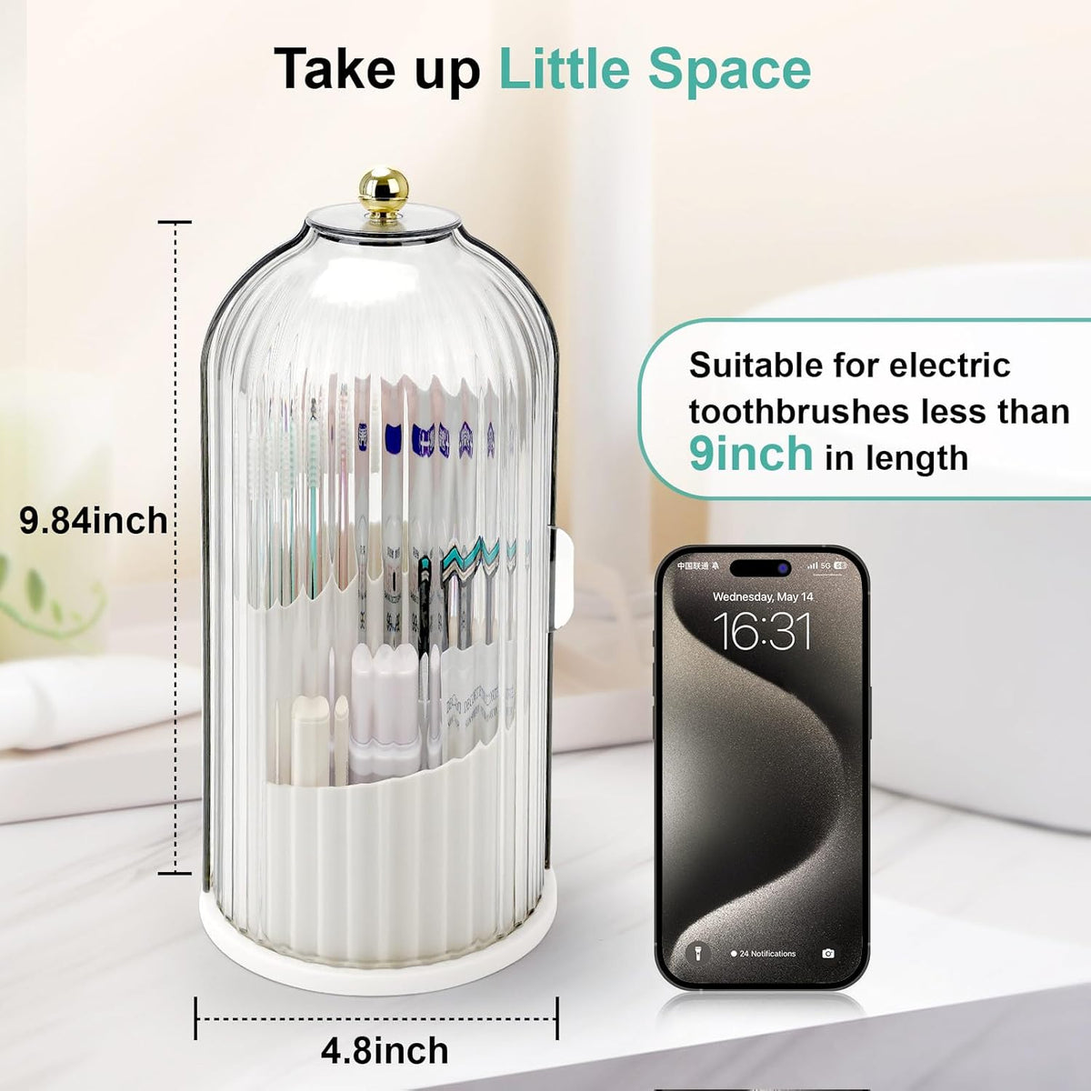 Toothbrush Holders with Sliding Lid, Rotating 3 Slots Bathroom Organizer Countertop, Tooth Brush Toothpaste Holder Bathroom Counter Stand Sink Organizer Caddy for Vanity Makeup Brushes Holder