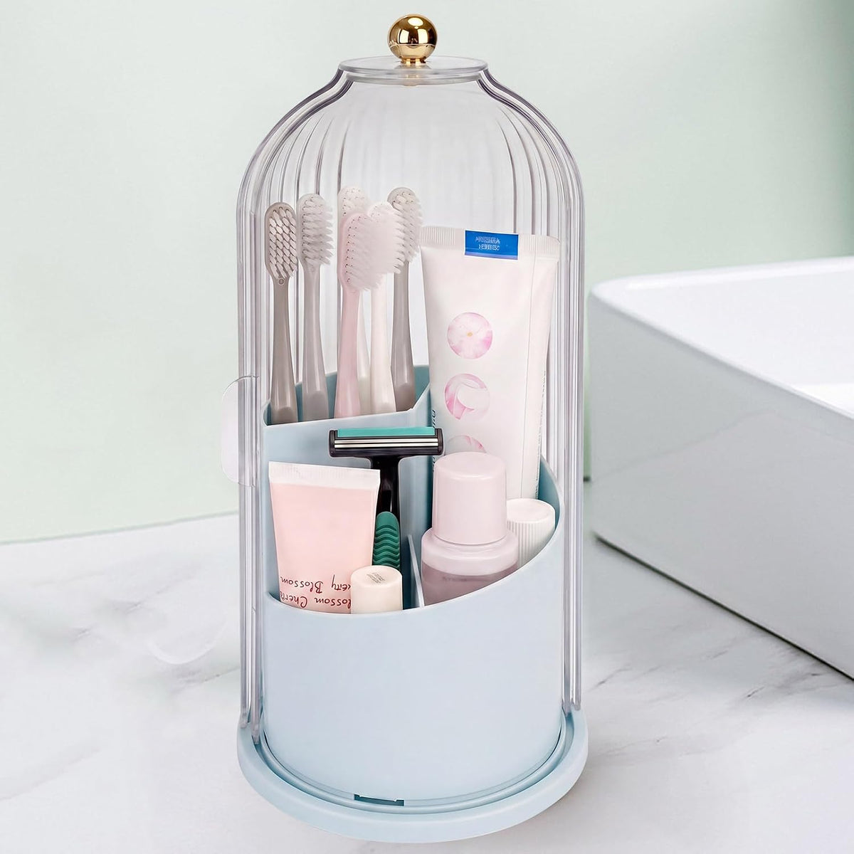 Toothbrush Holders with Sliding Lid, Rotating 3 Slots Bathroom Organizer Countertop, Tooth Brush Toothpaste Holder Bathroom Counter Stand Sink Organizer Caddy for Vanity Makeup Brushes Holder
