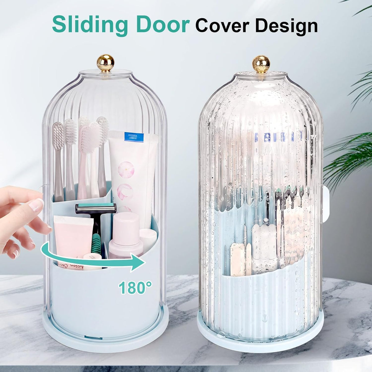 Toothbrush Holders with Sliding Lid, Rotating 3 Slots Bathroom Organizer Countertop, Tooth Brush Toothpaste Holder Bathroom Counter Stand Sink Organizer Caddy for Vanity Makeup Brushes Holder