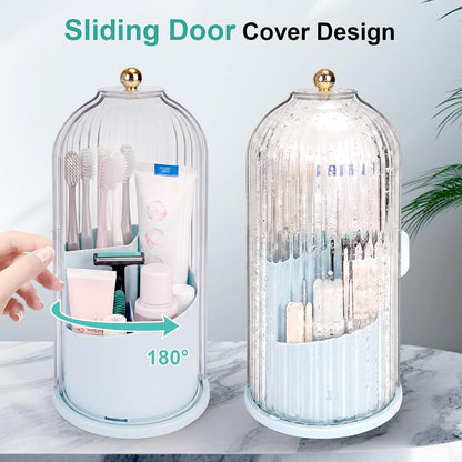 Toothbrush Holders with Sliding Lid, Rotating 3 Slots Bathroom Organizer Countertop, Tooth Brush Toothpaste Holder Bathroom Counter Stand Sink Organizer Caddy for Vanity Makeup Brushes Holder