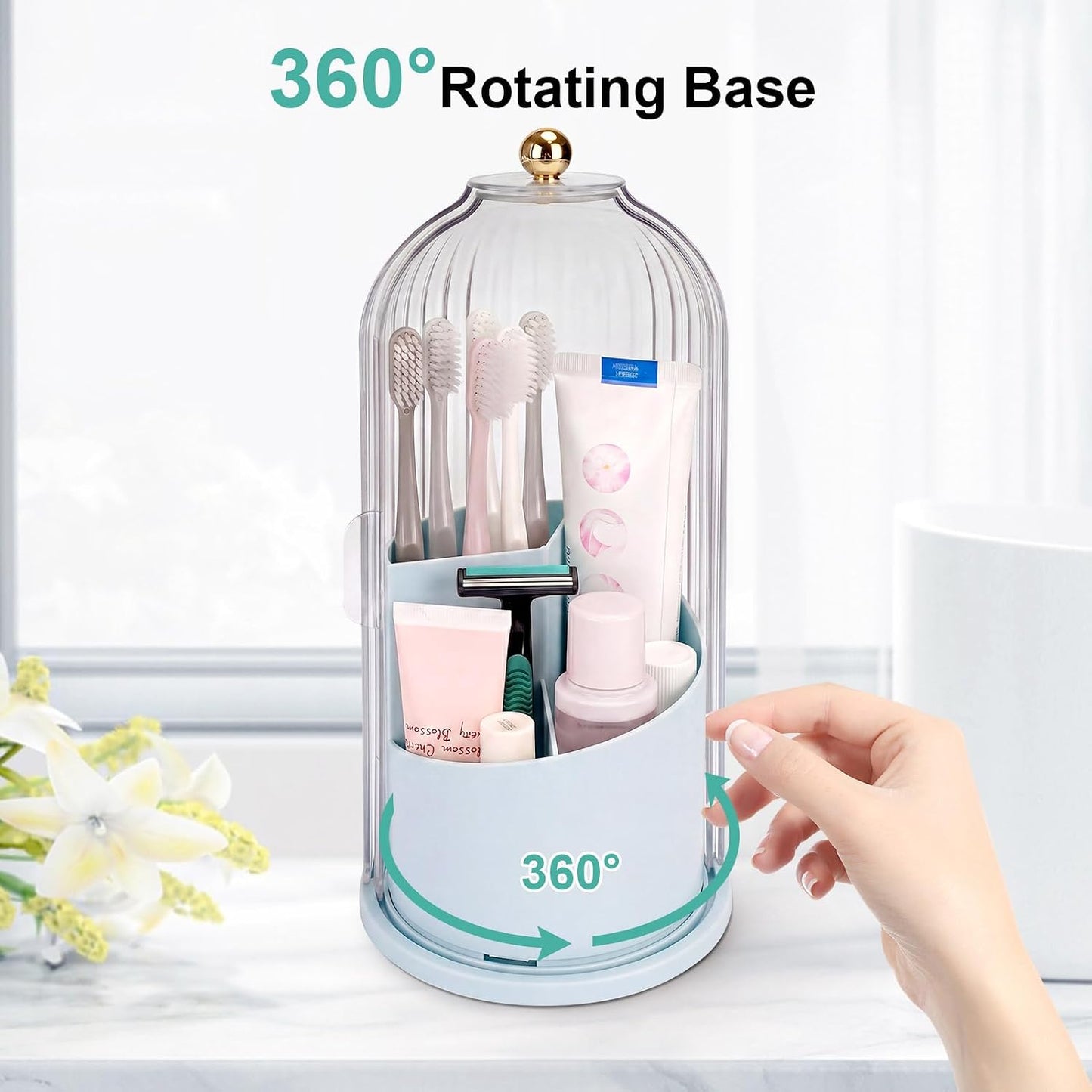 Toothbrush Holders with Sliding Lid, Rotating 3 Slots Bathroom Organizer Countertop, Tooth Brush Toothpaste Holder Bathroom Counter Stand Sink Organizer Caddy for Vanity Makeup Brushes Holder