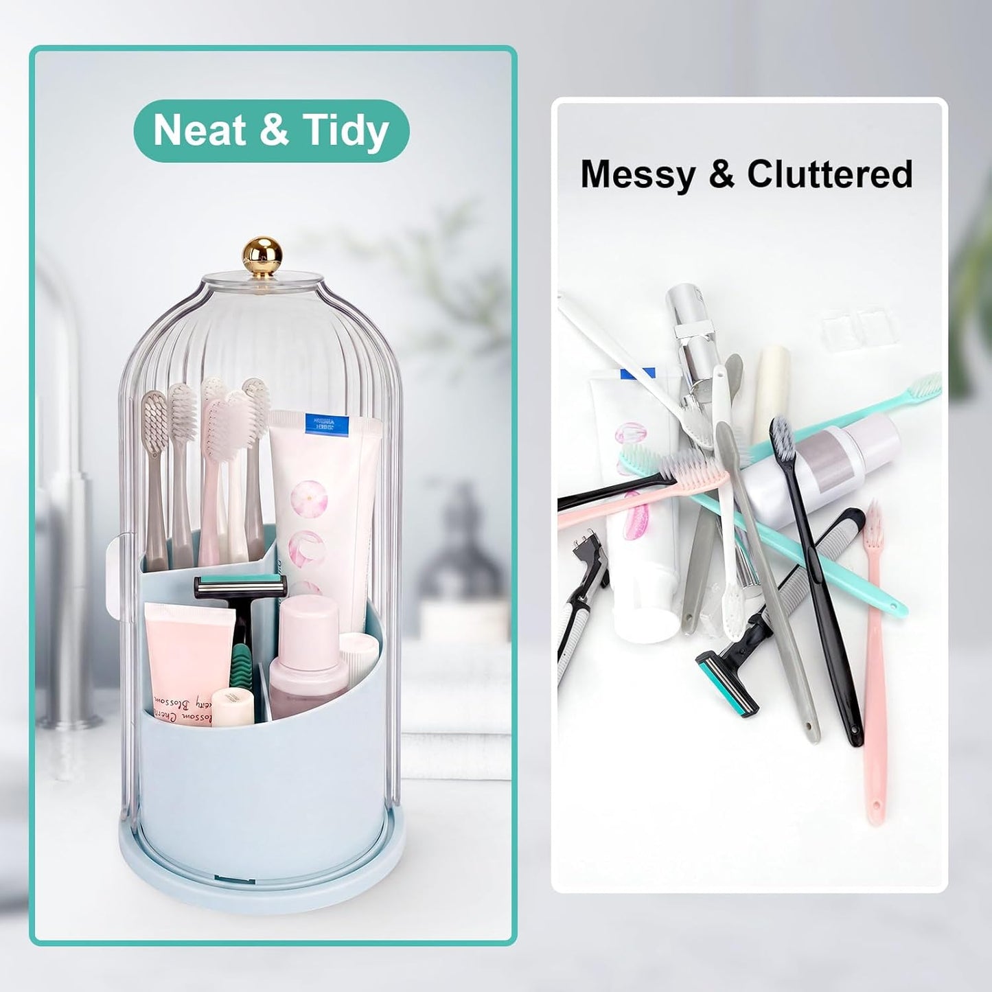 Toothbrush Holders with Sliding Lid, Rotating 3 Slots Bathroom Organizer Countertop, Tooth Brush Toothpaste Holder Bathroom Counter Stand Sink Organizer Caddy for Vanity Makeup Brushes Holder