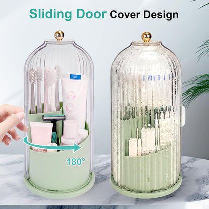 Toothbrush Holders with Sliding Lid, Rotating 3 Slots Bathroom Organizer Countertop, Tooth Brush Toothpaste Holder Bathroom Counter Stand Sink Organizer Caddy for Vanity Makeup Brushes Holder