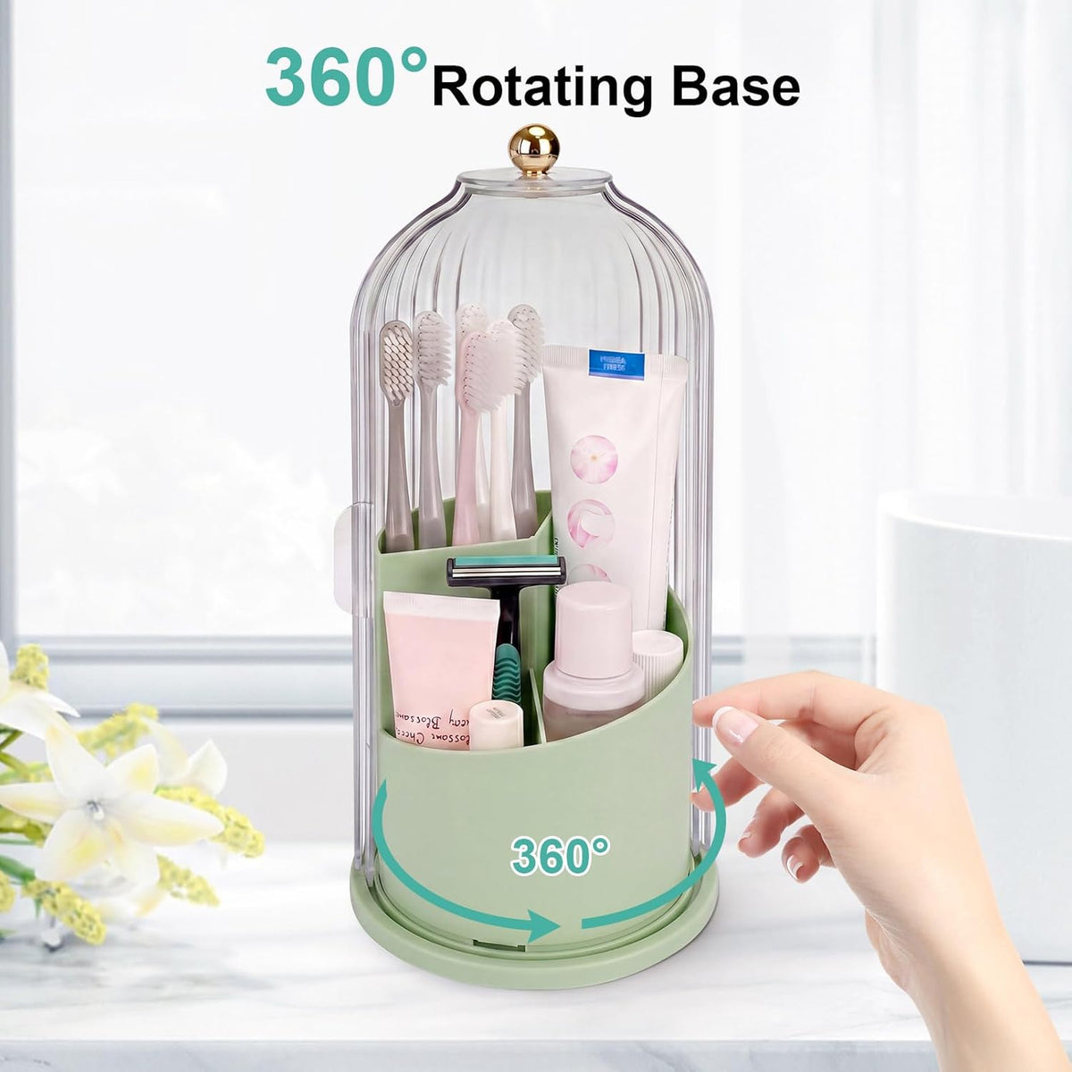 Toothbrush Holders with Sliding Lid, Rotating 3 Slots Bathroom Organizer Countertop, Tooth Brush Toothpaste Holder Bathroom Counter Stand Sink Organizer Caddy for Vanity Makeup Brushes Holder