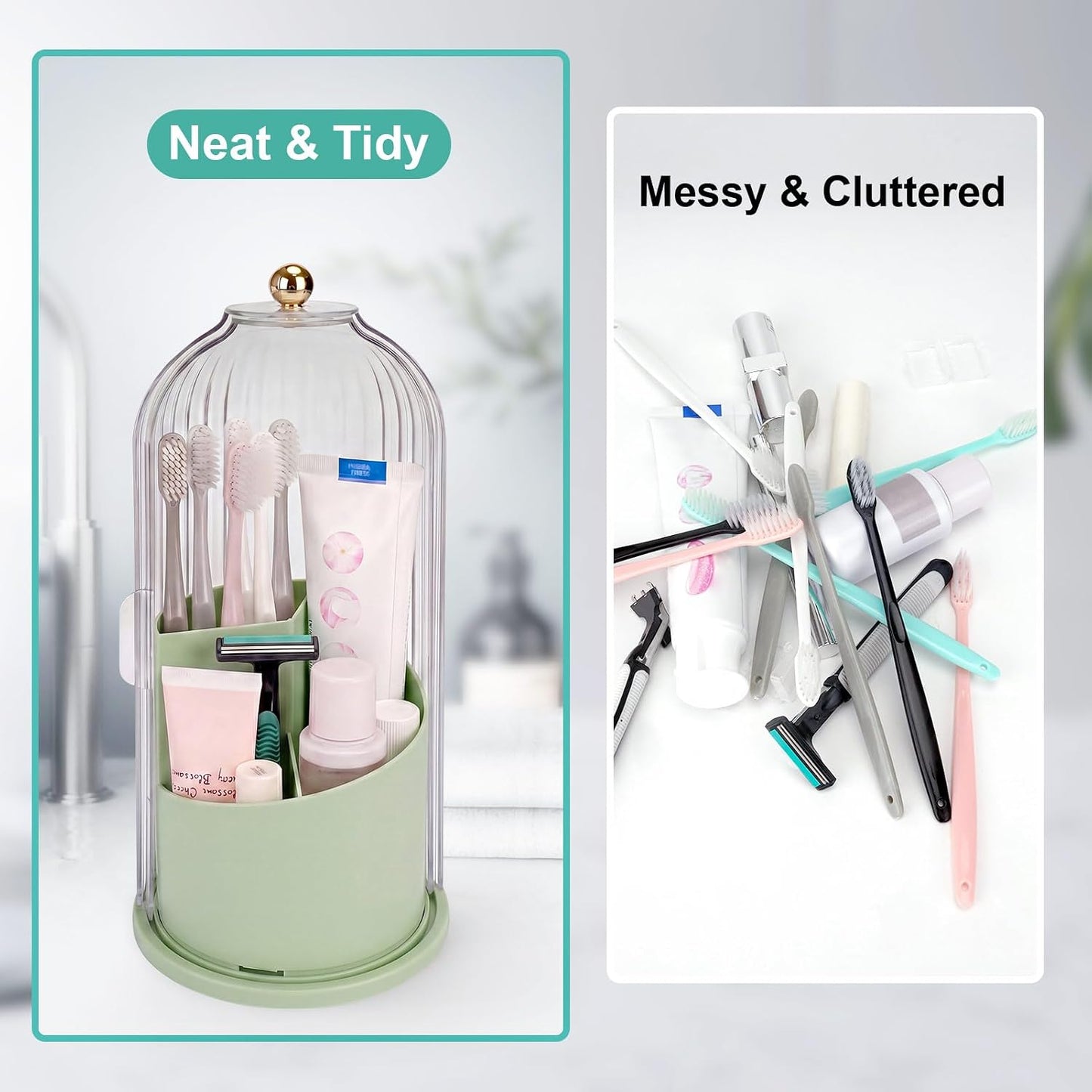 Toothbrush Holders with Sliding Lid, Rotating 3 Slots Bathroom Organizer Countertop, Tooth Brush Toothpaste Holder Bathroom Counter Stand Sink Organizer Caddy for Vanity Makeup Brushes Holder