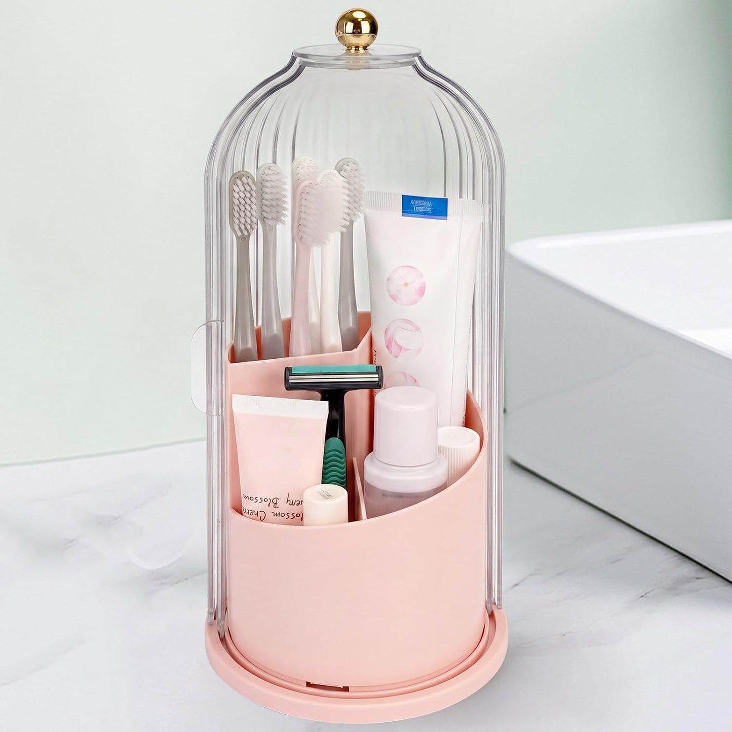 Toothbrush Holders with Sliding Lid, Rotating 3 Slots Bathroom Organizer Countertop, Tooth Brush Toothpaste Holder Bathroom Counter Stand Sink Organizer Caddy for Vanity Makeup Brushes Holder