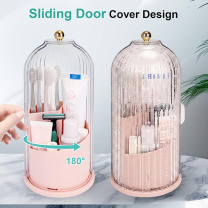 Toothbrush Holders with Sliding Lid, Rotating 3 Slots Bathroom Organizer Countertop, Tooth Brush Toothpaste Holder Bathroom Counter Stand Sink Organizer Caddy for Vanity Makeup Brushes Holder