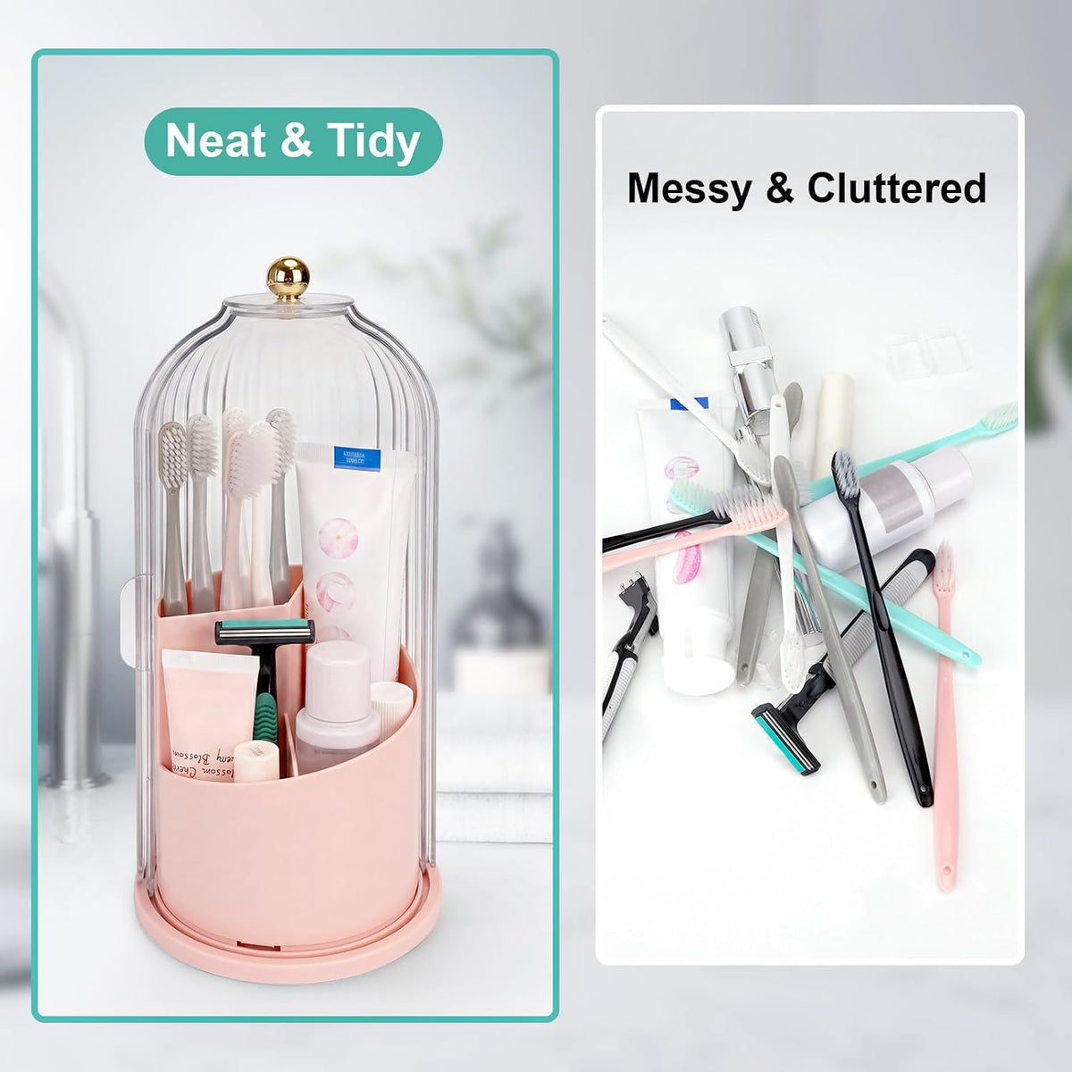 Toothbrush Holders with Sliding Lid, Rotating 3 Slots Bathroom Organizer Countertop, Tooth Brush Toothpaste Holder Bathroom Counter Stand Sink Organizer Caddy for Vanity Makeup Brushes Holder