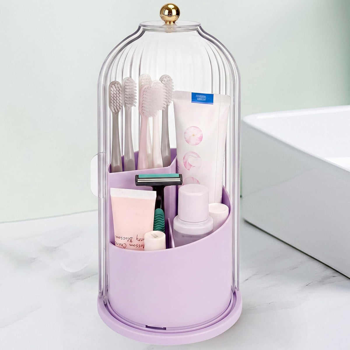 Toothbrush Holders with Sliding Lid, Rotating 3 Slots Bathroom Organizer Countertop, Tooth Brush Toothpaste Holder Bathroom Counter Stand Sink Organizer Caddy for Vanity Makeup Brushes Holder