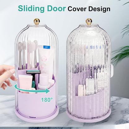 Toothbrush Holders with Sliding Lid, Rotating 3 Slots Bathroom Organizer Countertop, Tooth Brush Toothpaste Holder Bathroom Counter Stand Sink Organizer Caddy for Vanity Makeup Brushes Holder