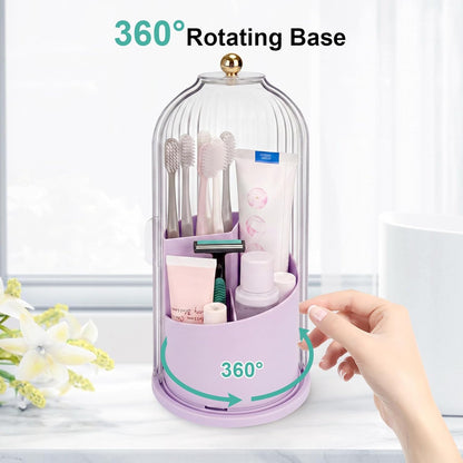 Toothbrush Holders with Sliding Lid, Rotating 3 Slots Bathroom Organizer Countertop, Tooth Brush Toothpaste Holder Bathroom Counter Stand Sink Organizer Caddy for Vanity Makeup Brushes Holder