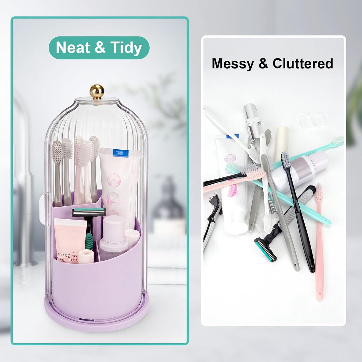 Toothbrush Holders with Sliding Lid, Rotating 3 Slots Bathroom Organizer Countertop, Tooth Brush Toothpaste Holder Bathroom Counter Stand Sink Organizer Caddy for Vanity Makeup Brushes Holder